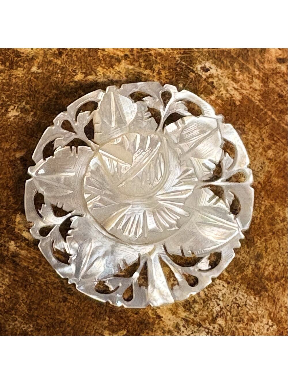 Carved Mother of Pearl Round Brooch Made in Bethlehem Vintage